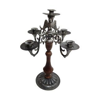 Vintage Pewter 5-Arm Eagle Candelabra Wood Base Ornate Candlestick Holder